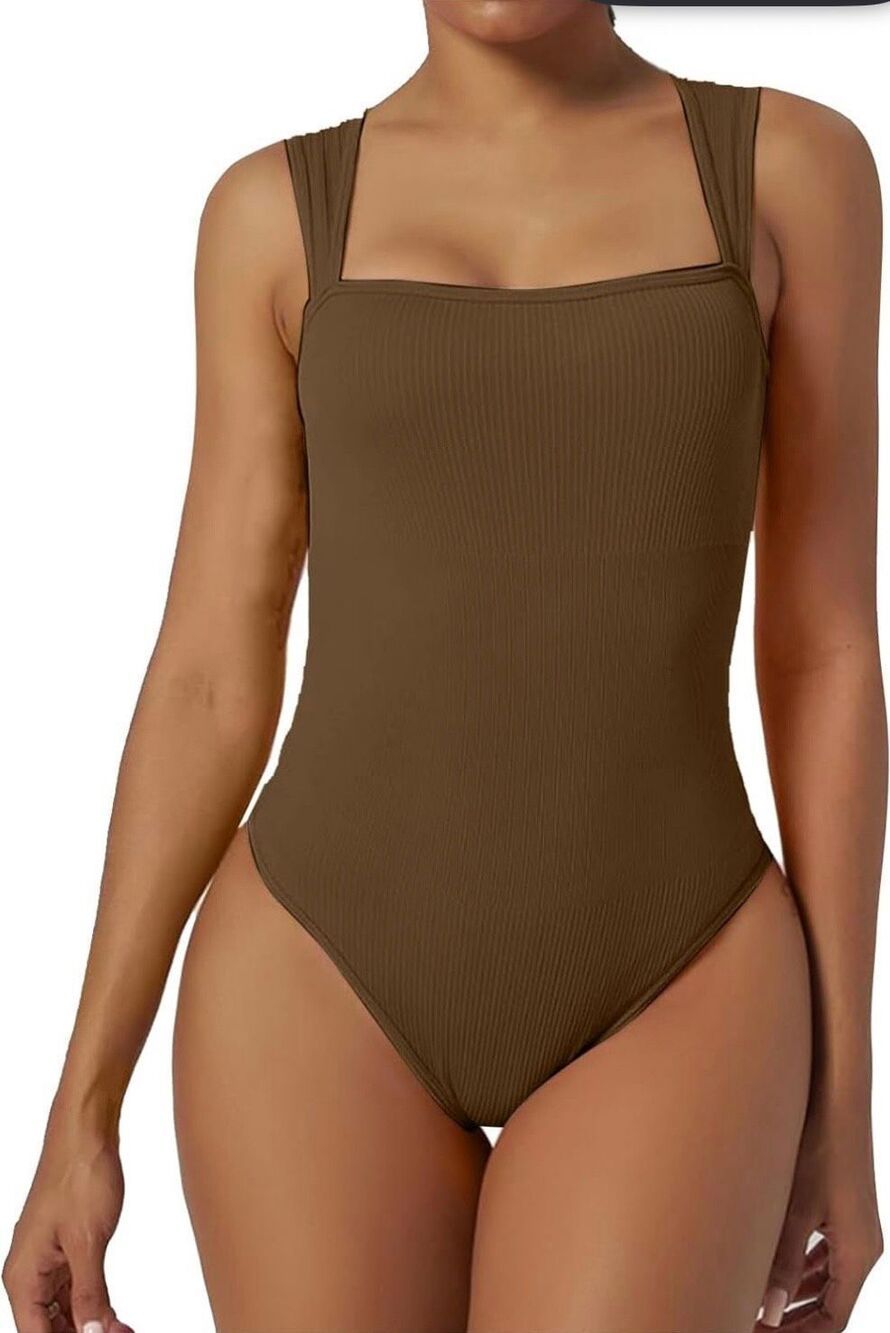 OQQ Extra Large Brown Bodysuit One Piece Leotard Square Neckline
